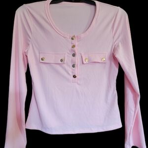 Amazon Light Pink Long Sleeve Henley Top with Gold Snap Details